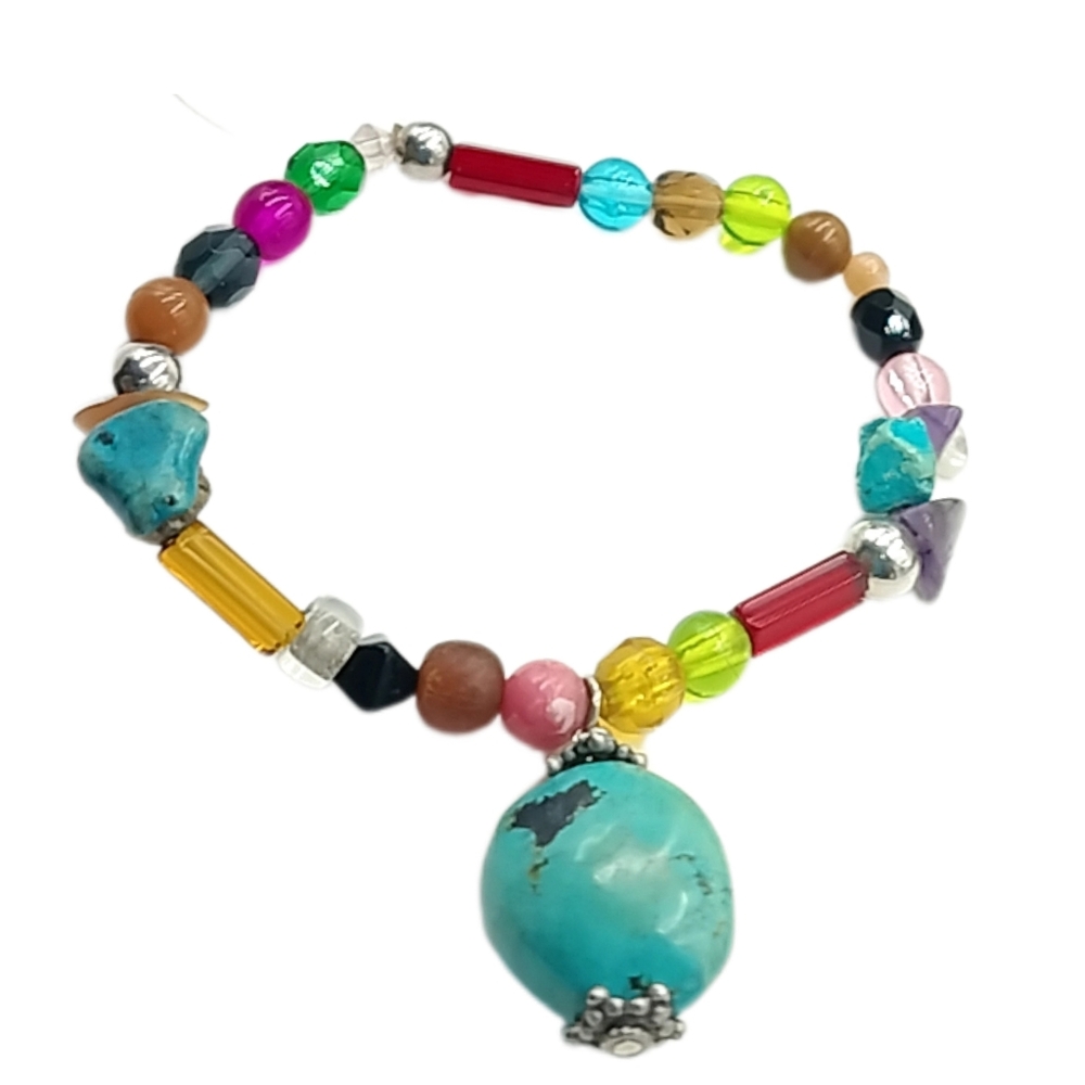 Multicolor Beaded Stretch Bracelet w/ Turquoise Look Drop Charm